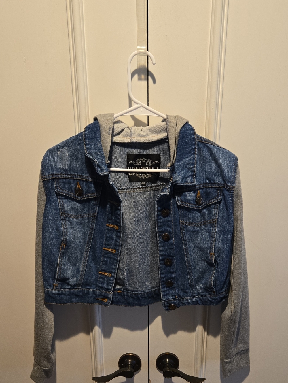 Cropped Blue Denim Hoodie Jacket with Gray Sleeves - Revival Republic